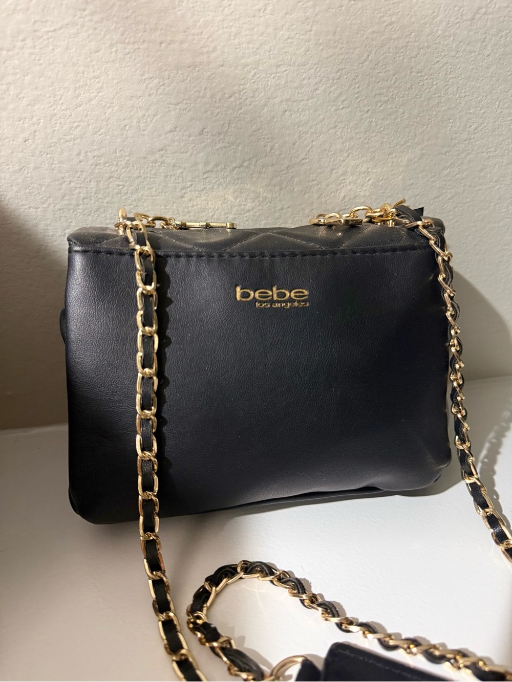 bebe Black Quilted Crossbody with Gold Logo Chain - Picture 4 of 5